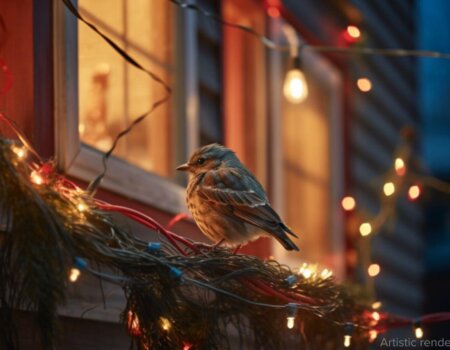 Bird sitting on outdoor Christmas decorations