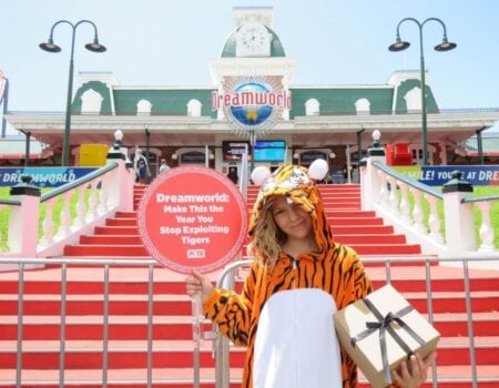 A child dressed in a tiger onesie outside Dreamworld with a sign reading: "Dreamworld: Make This The Year You Stop Exploiting Tigers".