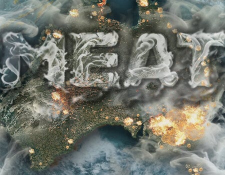 Image is illustration of Australia with the word "MEAT" written in smoke.