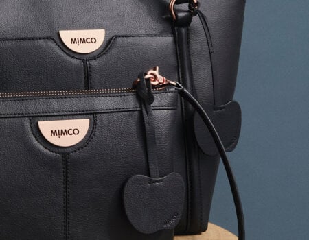 A photo of MIMCO's apple peel leather bags.