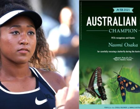 Left: Naomi Osaka. Right: A PETA "Australian Open Champion" Award.