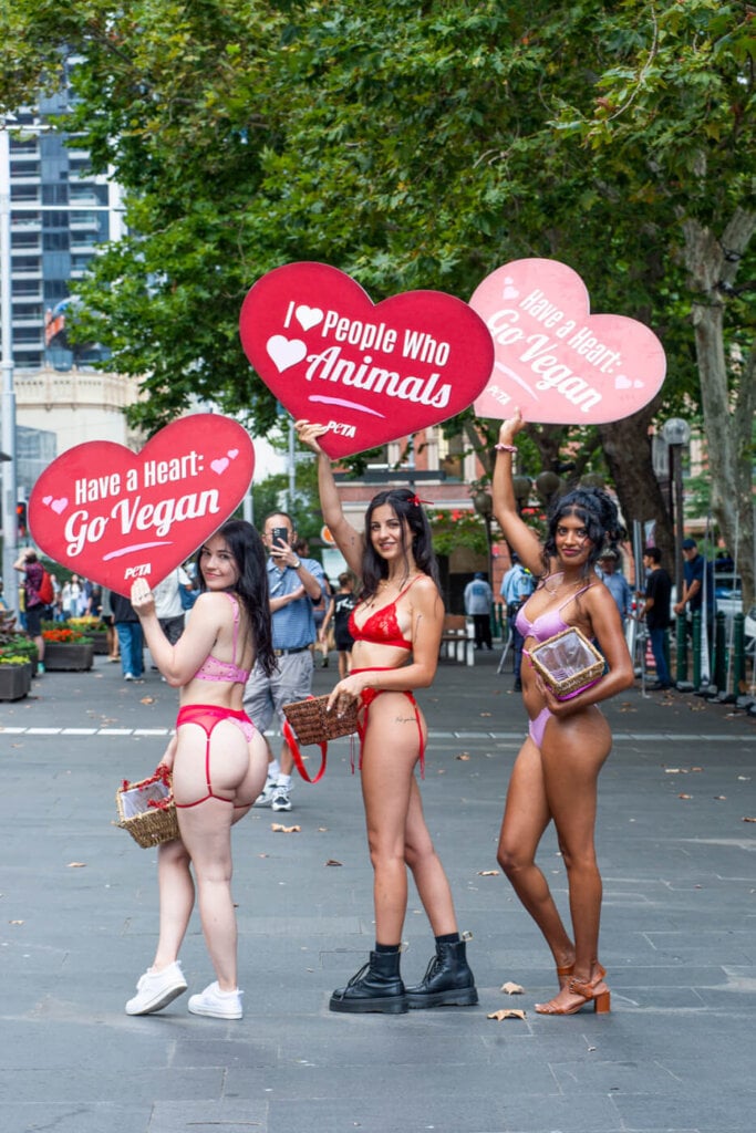 Activists holding heart shaped signs in underwear in Sydney.