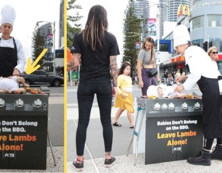 a child and adult walk past a PETA protest with a doll on a bbq. Sign reads: "babies don't belong on the BBQ. Leave lambs alone."