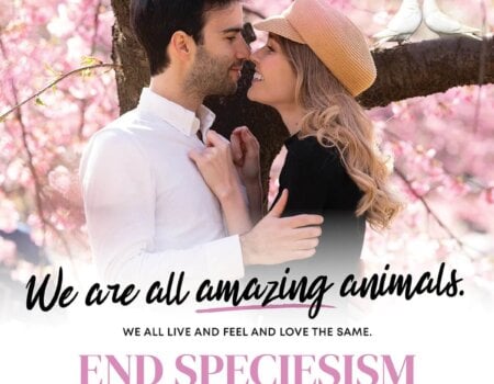 Chris and Aleisha pose for a PETA ad against speciesism