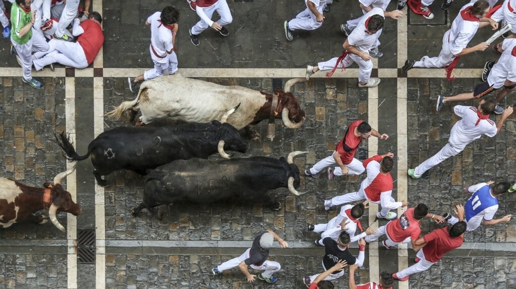 A photo of the Running of the Bulls.