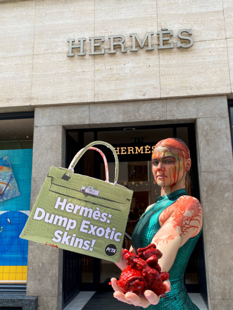 Tash Peterson drenched herself in “blood” and “guts” from a “Birkin bag” in front of Hermès’ flagship London store.