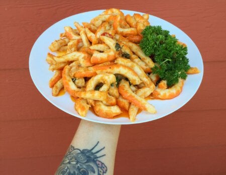 A plate of vegan prawns.