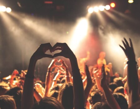 a crowd of festival goers with their hands in the air