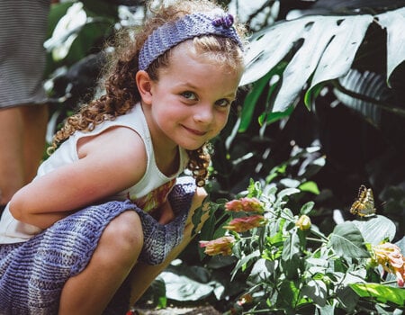 A child with a butterfly in the botanic gardens