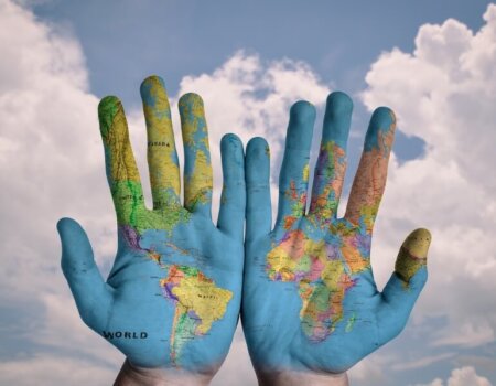 World map on hands